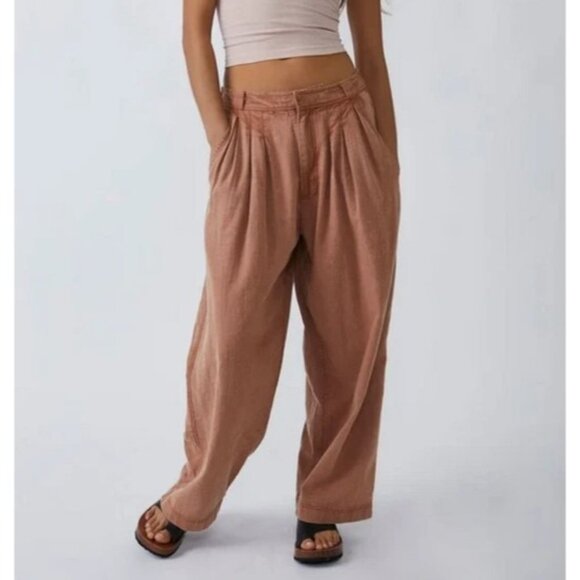 Free People Womens Lotta Love Linen Rust High-Waisted Wide-Leg Pants Size 4 - Picture 1 of 14